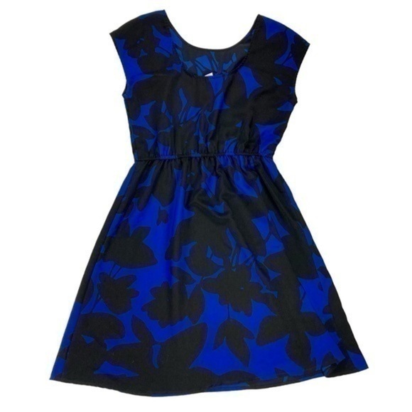Old Navy Dress Womens Size Small Blue Black Floral Cap Sleeve Elastic Waist Midi - Picture 5 of 12